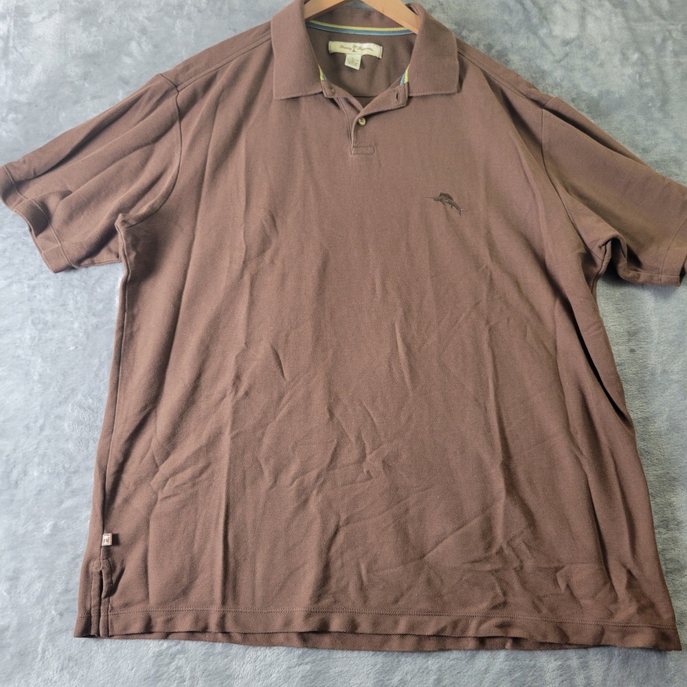 Tommy Bahama Mens XL Brown Short Sleeve Pique Polo Shirt Marlin Logo